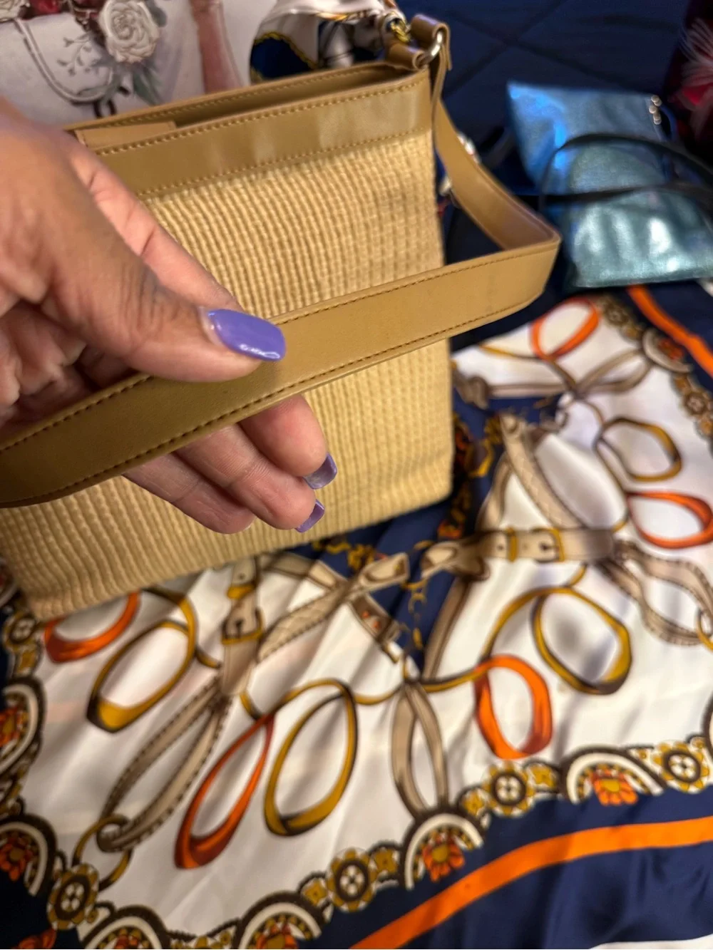 Fossil Tan Woven Tote with Navy Scarf Accent